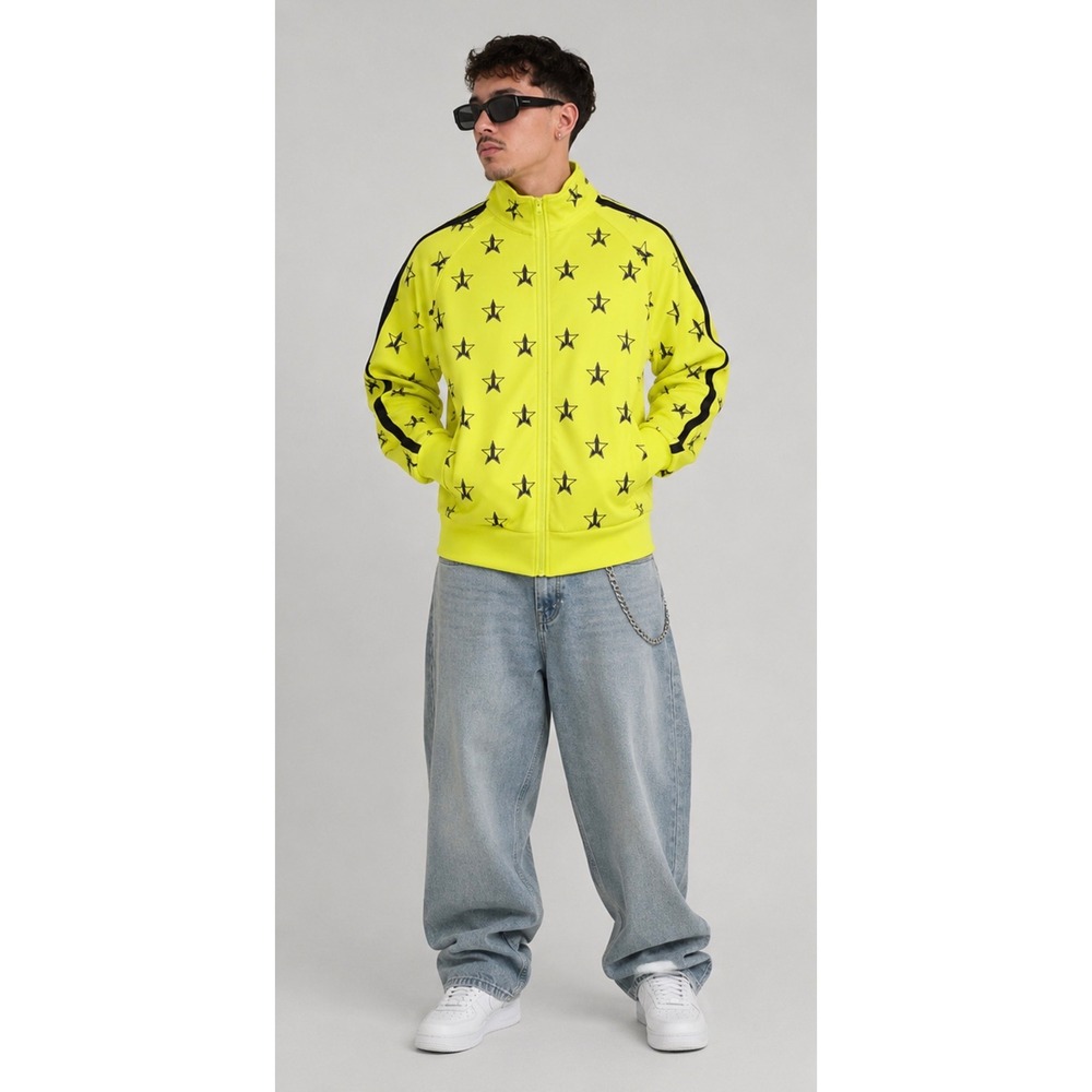 Jeffree Star Cosmetics Neon Yellow Track Jacket Star Logo Mens Small Full Zip